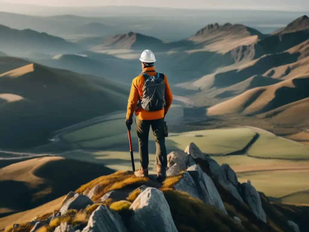 Geólogo en montaña con paisaje impresionante Geólogo en montaña vista panorámica, proceso admisiones universitarias geología