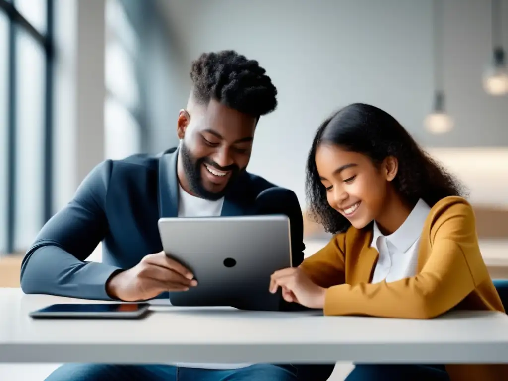 Padres y estudiantes colaborando en plataforma de admisión Participación de padres en admisiones universitarias: Padre y estudiante colaboran en plataforma de admisión, integrando tecnología