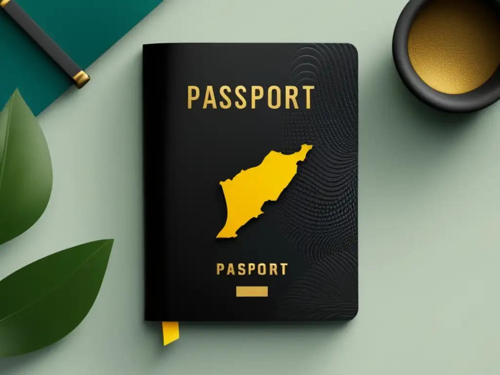 Pasaporte latinoamericano: cultura y aventura Un pasaporte moderno y minimalista con toques latinoamericanos, lleno de sellos y símbolos representativos de América Latina