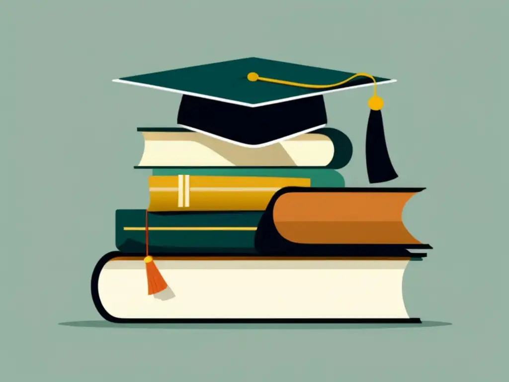 Pila de libros con gorro de graduación Mejorar perfil admisiones universitarias: libros y gorro de graduación representando logros académicos y metas educativas
