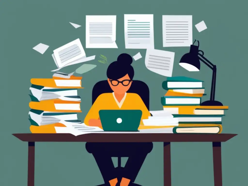 Despreparación y ansiedad en entrevista universitaria Persona ansiosa en escritorio con papeles y libros