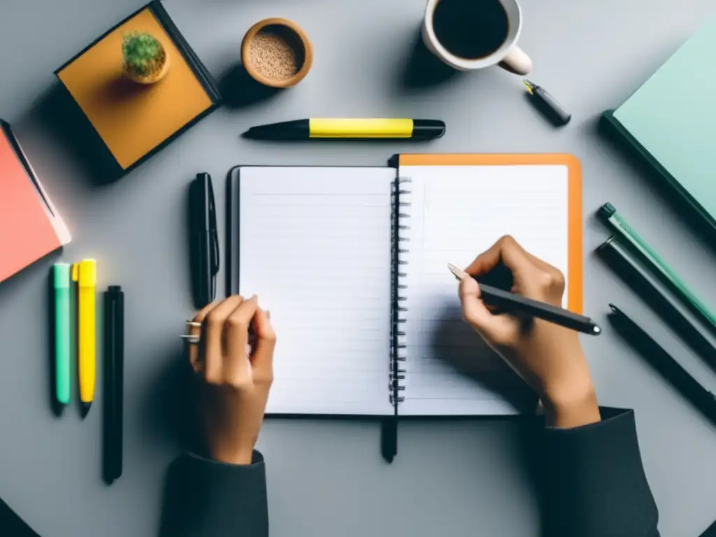 Persona tomando notas lineales con dedicación Persona tomando apuntes con métodos innovadores en un entorno minimalista