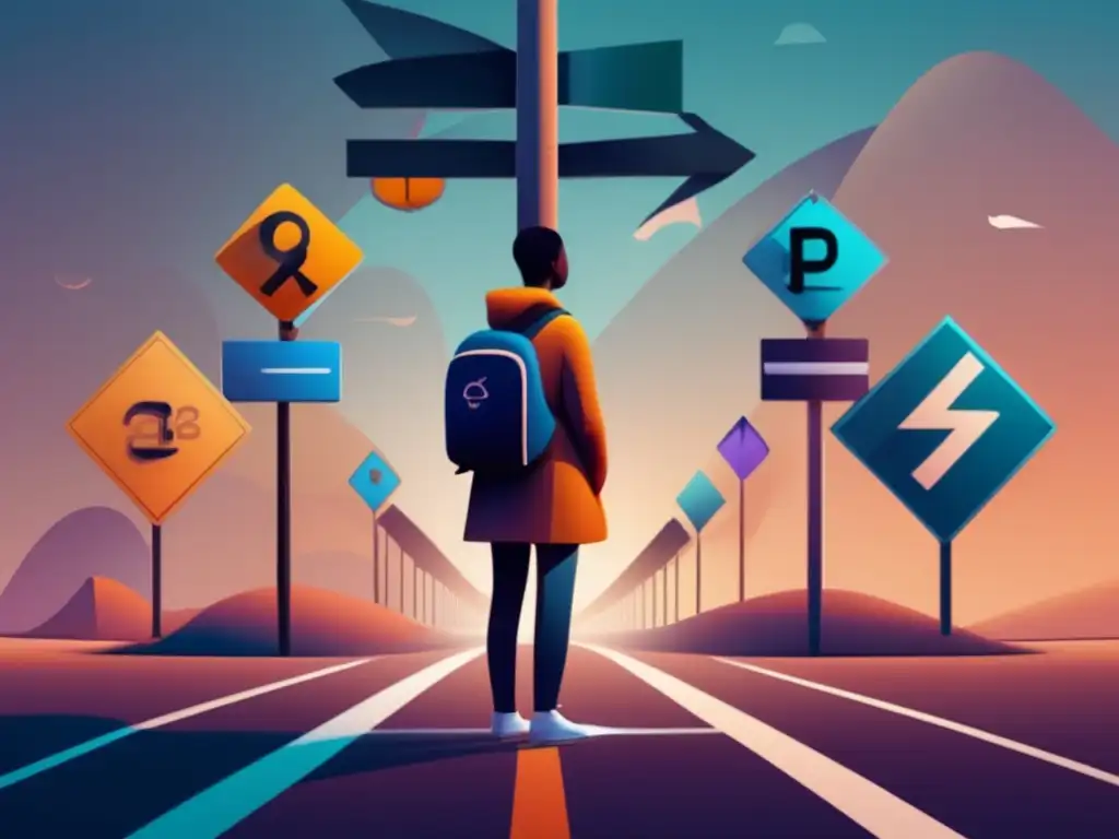 Elección de carrera en la universidad Persona reflexionando sobre su camino profesional rodeada de símbolos representando diferentes áreas académicas en cruce de caminos
