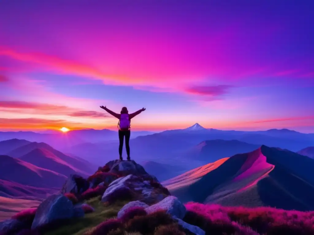 Persona alcanzando la cumbre Persona en cima montaña, abriendo brazos al cielo al atardecer