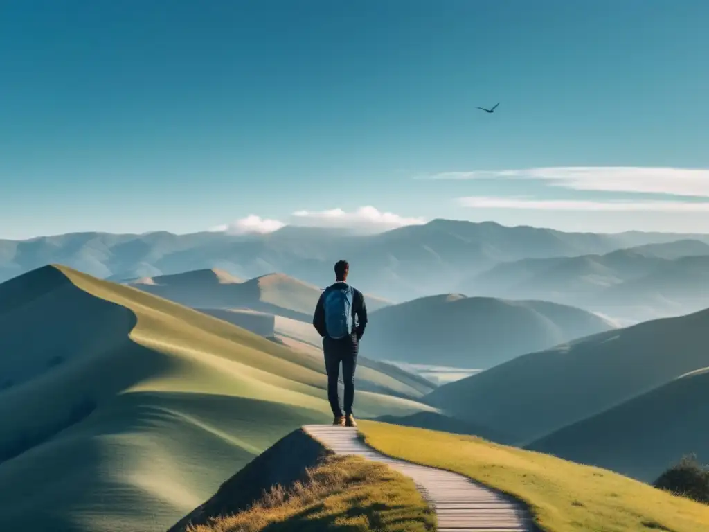 Persona en la cima de una montaña con un mapa Persona en la cima de una montaña con un mapa, simbolizando estrategias para definir metas académicas