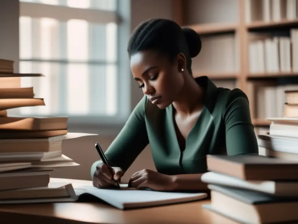 Estudio y concentración para los exámenes Persona concentrada en escritorio, rodeada de libros y papeles
