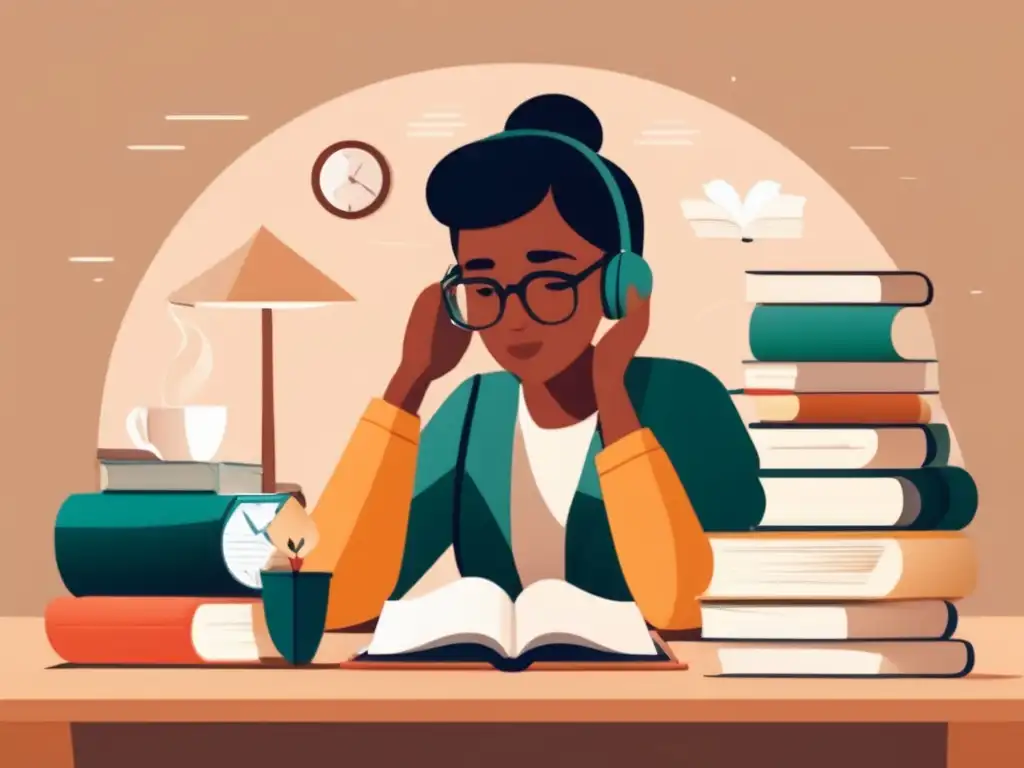 Preparación para el examen Persona concentrada en un escritorio rodeada de libros y materiales de estudio, preparándose para un examen importante