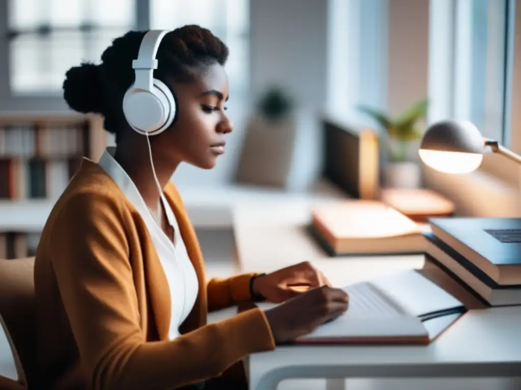Estudiante concentrado en estudio Persona concentrada en estudio con libros, auriculares y ambiente minimalista