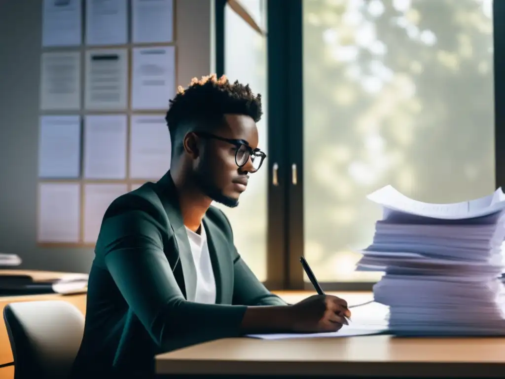 Preparación para exámenes: análisis de resultados Persona concentrada analizando exámenes pasados, ambiente tranquilo y motivador