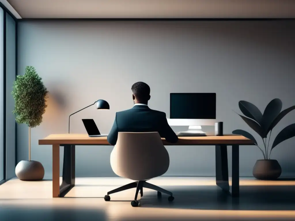 Persona segura en ambiente profesional Persona confiada en una habitación iluminada, vestida profesionalmente, con un ambiente sereno y una postura relajada y atenta