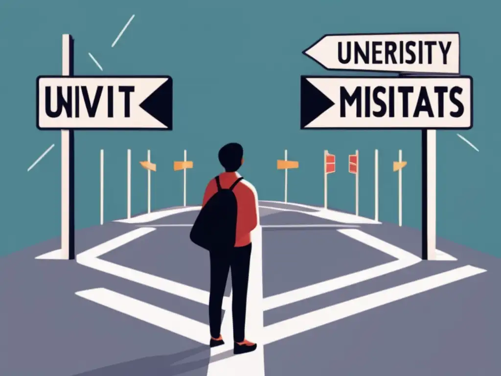 Decisión universitaria: Cruce de caminos Persona confundida en cruce de caminos, con signos representando errores comunes en elección universidad