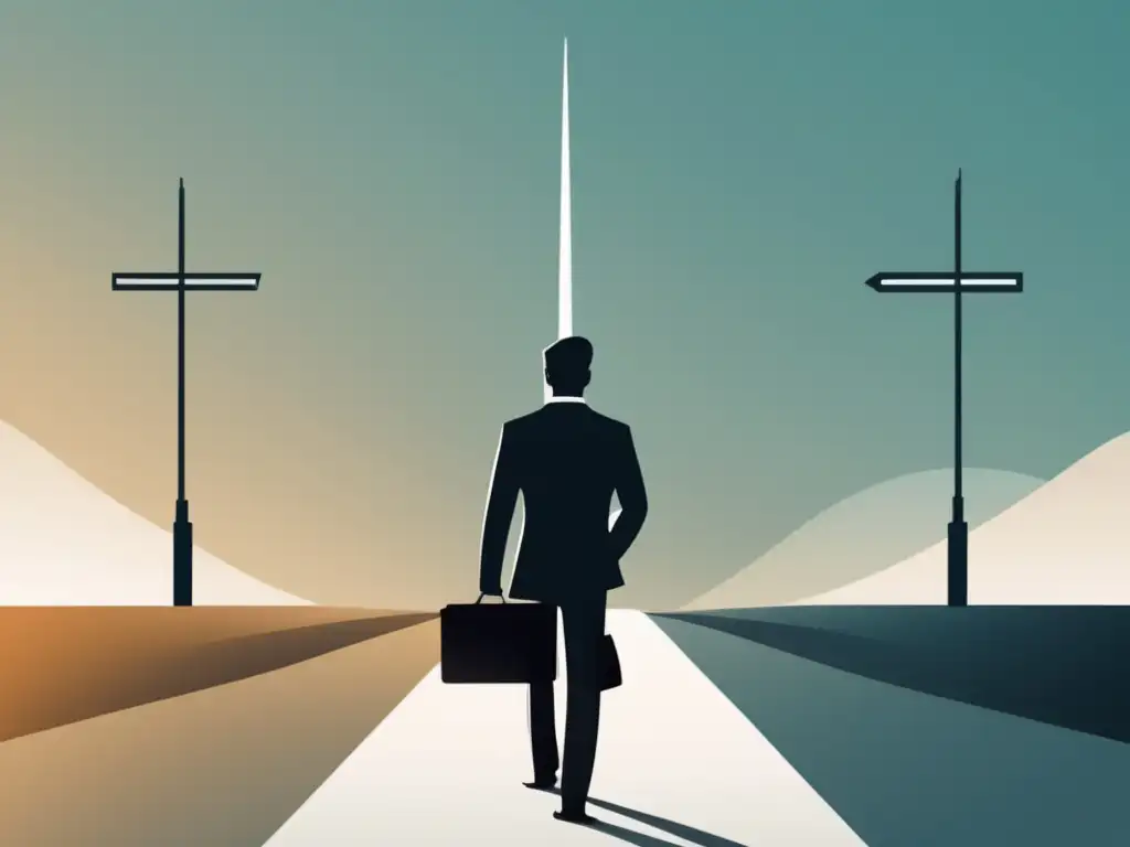 Decisión profesional en una encrucijada Persona en cruce de caminos, reflexionando sobre elección de profesión basada en talentos y pasiones