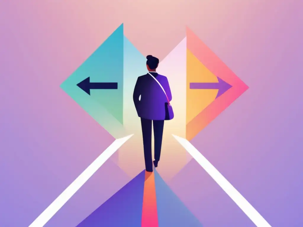 Elección de carrera: Caminos coloridos y personalidad Persona en cruce de caminos, flechas coloridas representan carreras, reflexionando sobre opciones