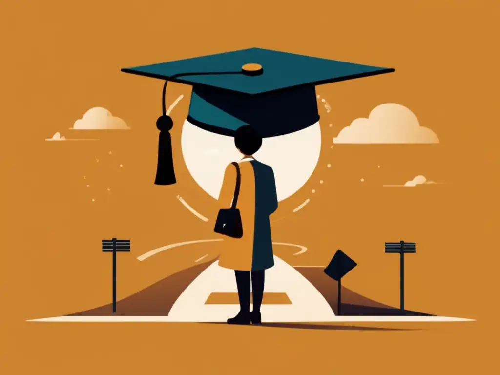 Persona en encrucijada con lupa y gorro de graduación Persona en cruce de caminos con gorro de graduación y lupa, representando la elección universitaria