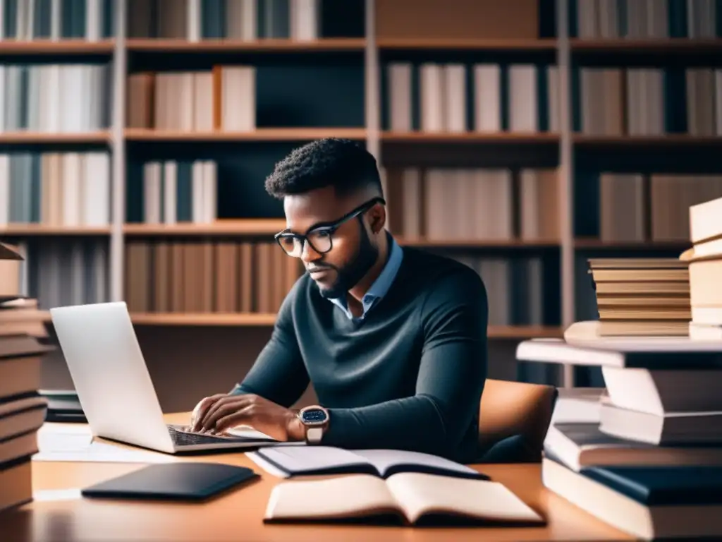 Persona analizando datos en escritorio con libros y papeles Persona analizando datos en un escritorio: Investigación fuentes confiables ensayo universitario