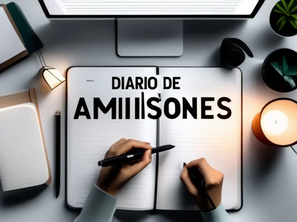 Escritorio minimalista y organizado Persona escribiendo en Diario de Admisiones en un espacio minimalista y organizado
