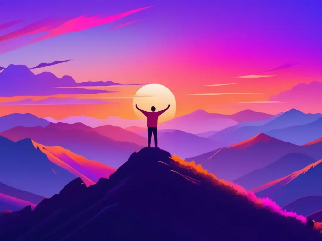 Serena persona abrazando amanecer en montaña Persona empoderada abraza belleza y serenidad en la montaña - Importancia de la autoestima en las pruebas de ingreso