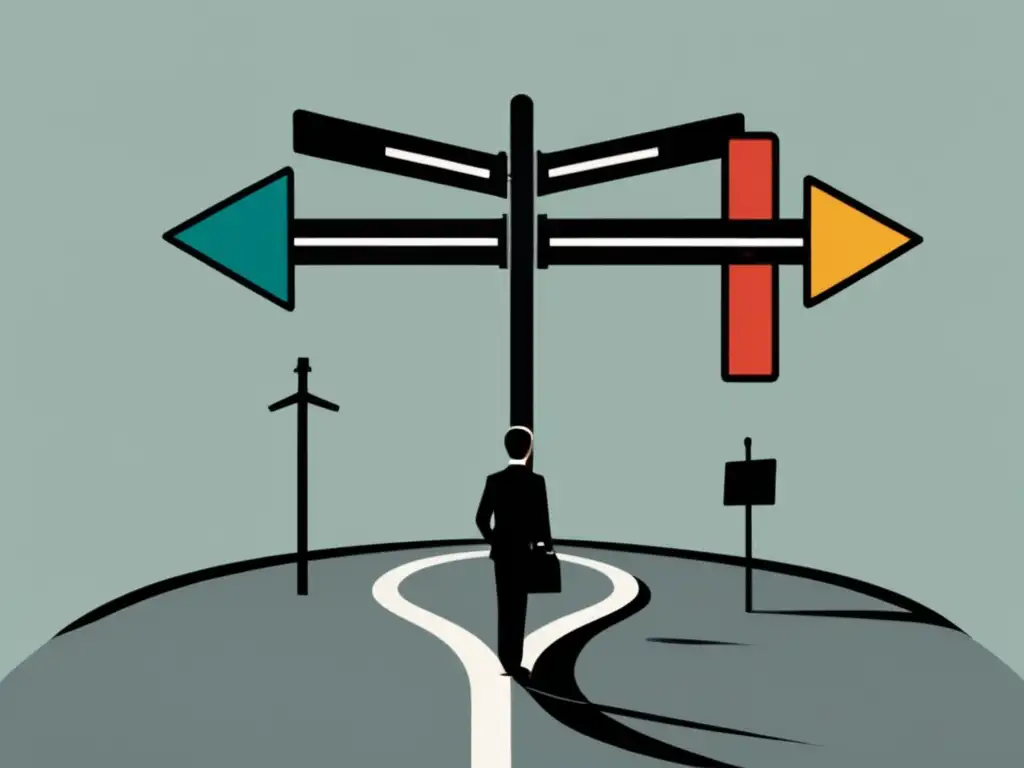 Encrucijada de carreras con símbolos Persona en encrucijada con símbolos de opciones de carrera, representando el síndrome del impostor en elección de carrera