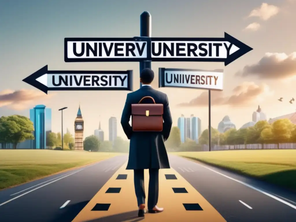 Elección universitaria: Impacto profesional Persona en una encrucijada elige universidad, con signos de universidades y datos relevantes