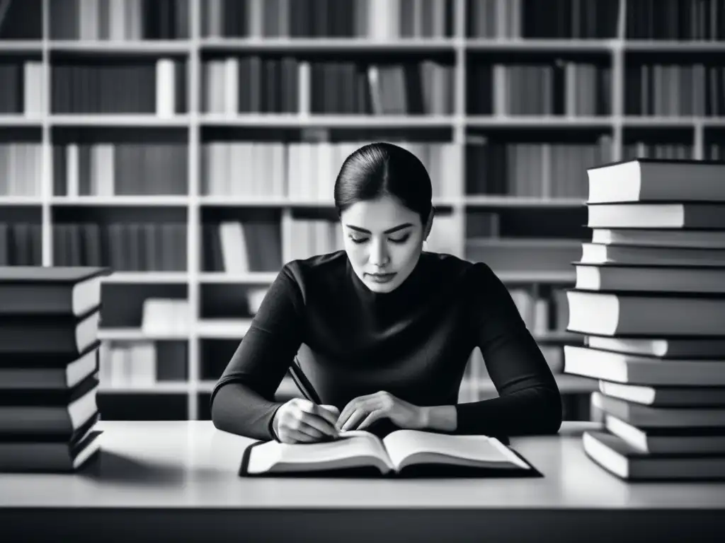 Persona enfocada en la investigación Persona enfocada y determinada en un escritorio, rodeada de libros, reflexionando sobre '¿Por qué deberíamos elegirte a ti?'