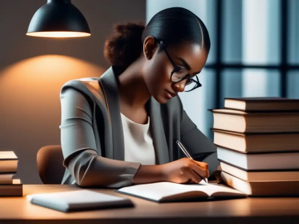 Estudiante enfocado preparándose para la universidad Persona enfocada y determinada escribiendo en un escritorio limpio, rodeado de libros y materiales de estudio