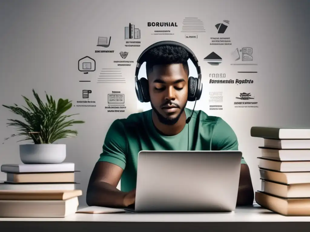 Estudiante concentrado en escritorio con laptop y materiales de estudio Persona enfocada estudiando en un escritorio minimalista con libros y laptop