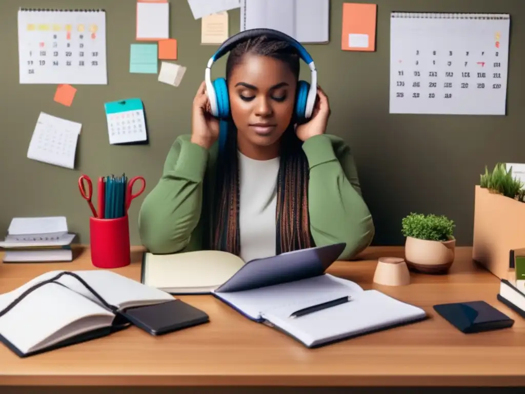 Preparación estratégica para admisión Persona enfocada en planificación estratégica y equilibrio, rodeada de objetos simbólicos de vida social y preparativos de admisión