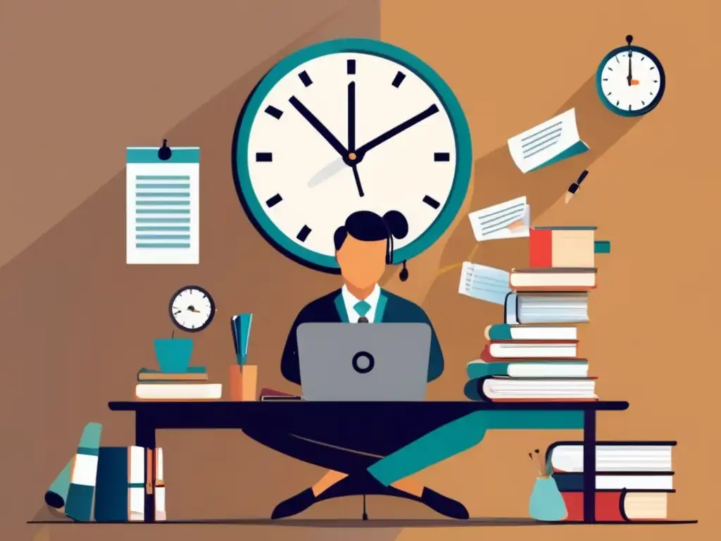 Gestión del tiempo durante los exámenes de admisión Persona enfocada en estudio para exámenes postgrado, rodeada de libros y una laptop, resaltando estrategias de estudio