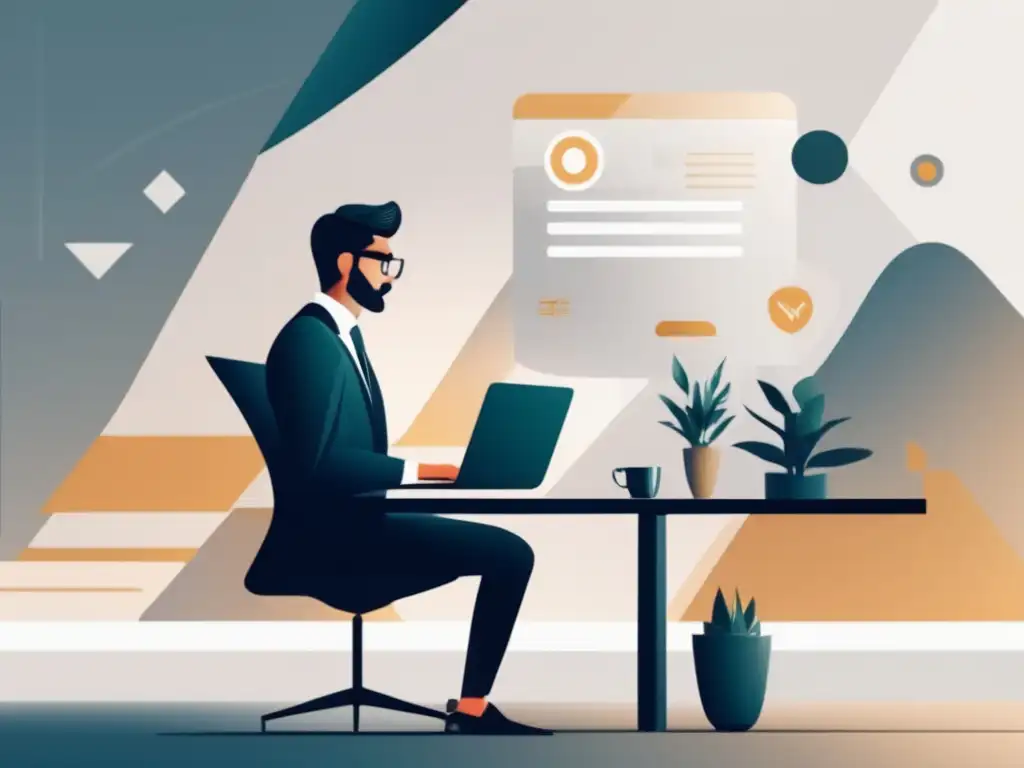 Oficina minimalista y moderna con enfoque en privacidad Persona enfocada en laptop en espacio de oficina moderno y minimalista, con iconos de privacidad