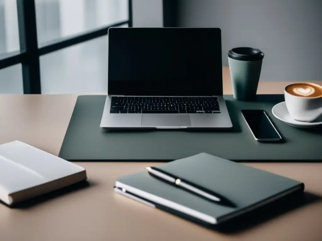 Persona enfocada en escritorio minimalista Persona enfocada en una mesa organizada con laptop y elementos profesionales - Preparación para el GRE: Guía completa para postgrados