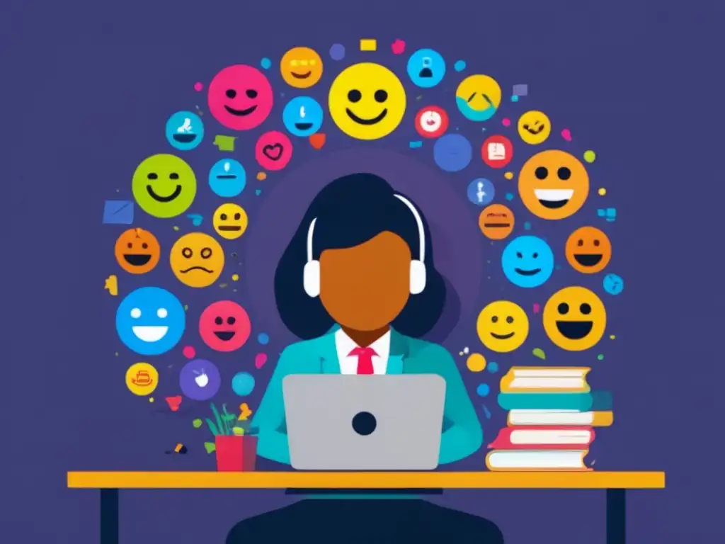Persona en escritorio con emoticones coloridos Persona enfocada en el trabajo rodeada de emoticones coloridos