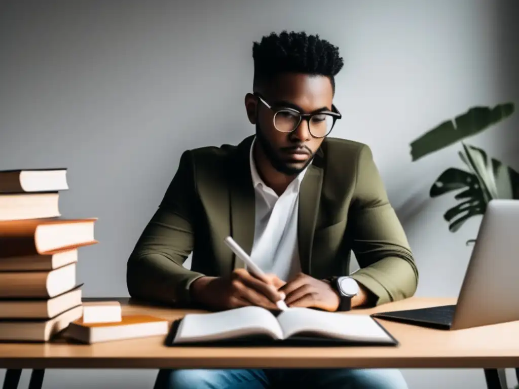 Estudiante enfocado estudiando Persona estudiando con enfoque y organización para exámenes de admisión postgrado
