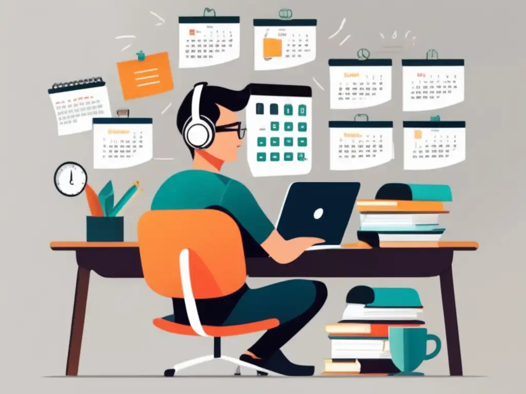 Persona trabajando en escritorio Persona en escritorio con calendario, reloj y lista de tareas