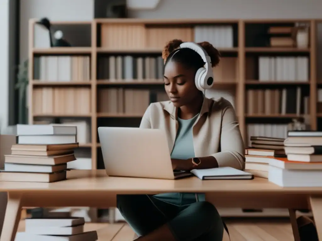 Persona estudiando y trabajando duro para mejorar habilidades en inglés Persona estudiando y trabajando en su escritorio, enfocada en mejorar habilidades de inglés