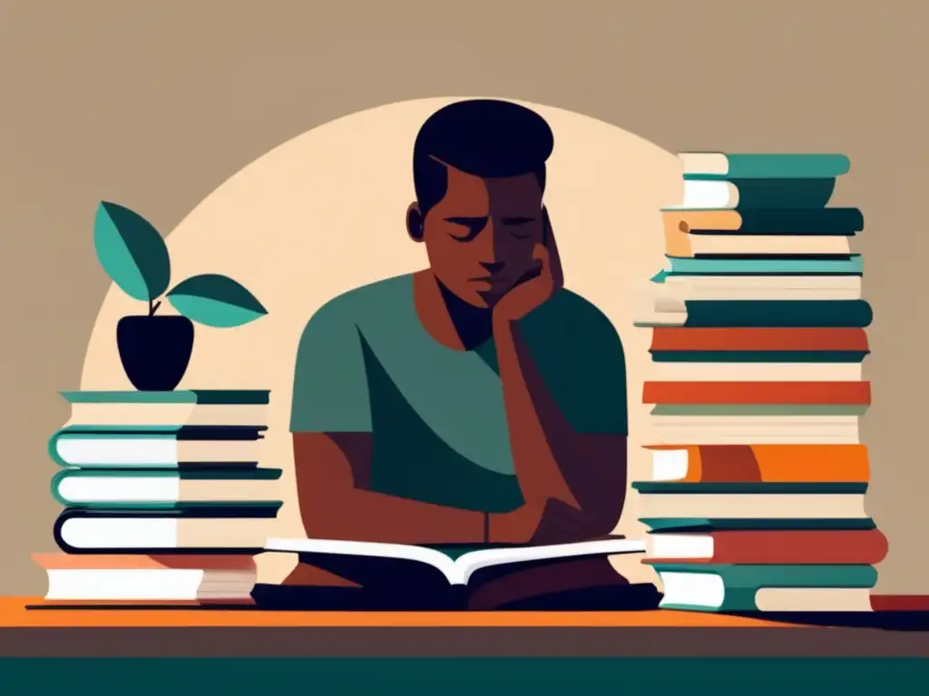 Persona reflexiva en escritorio con libros y papeles Persona en escritorio reflexionando sobre equilibrio vida académica y personal