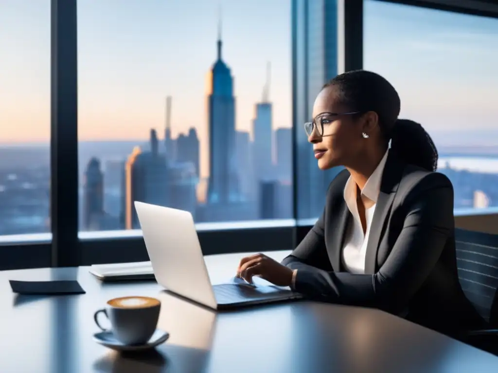 Persona en escritorio con laptop y vista a la ciudad Persona en escritorio con laptop y skyline de ciudad: Consejos autenticidad admisiones universitarias
