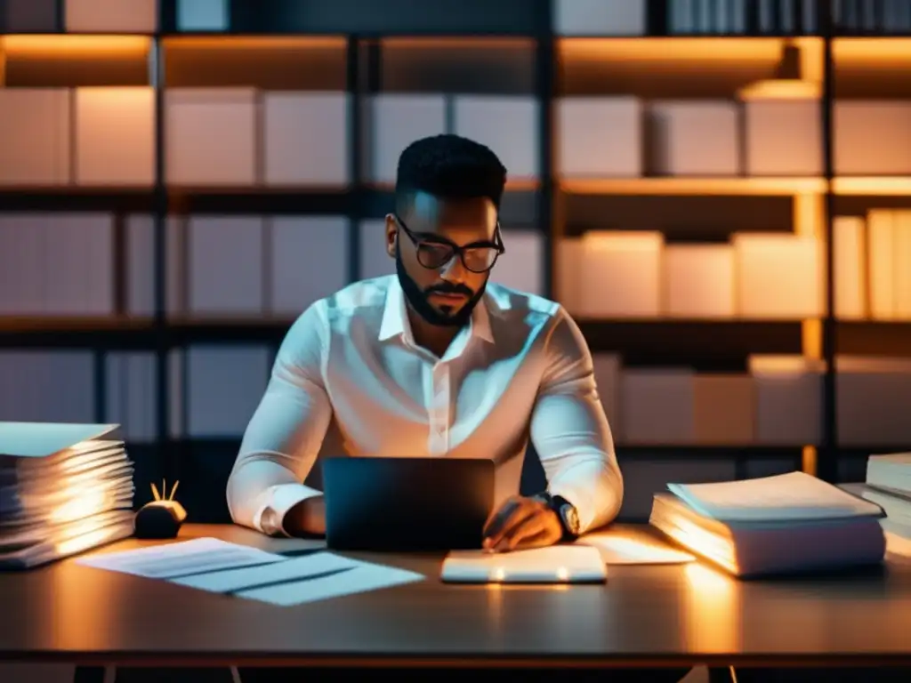 Persona en escritorio moderno, llenando aplicación Persona en escritorio moderno con documentos organizados y laptop, destaca importancia de personalizar solicitudes universitarias