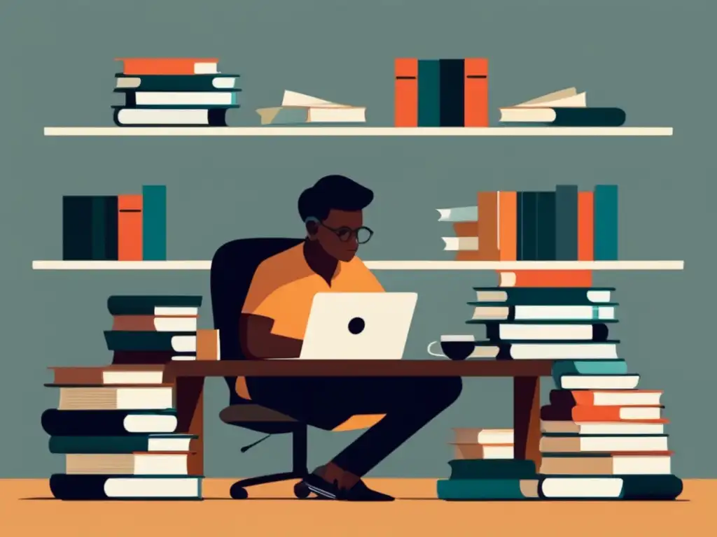 Persona estudiando con concentración Persona pensando y estudiando en un escritorio organizado, rodeado de libros y papeles