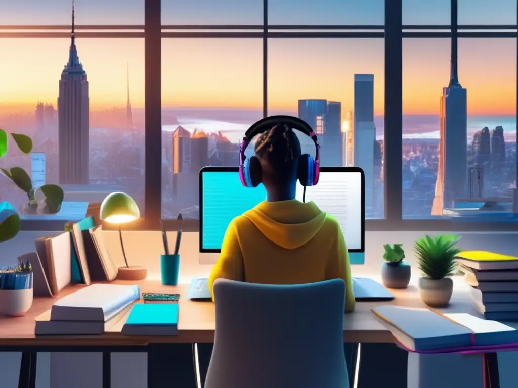 Trabajando y estudiando en un escritorio Persona estudiando en un escritorio organizado con vista a la ciudad - Consejos para gestionar tiempo universidad