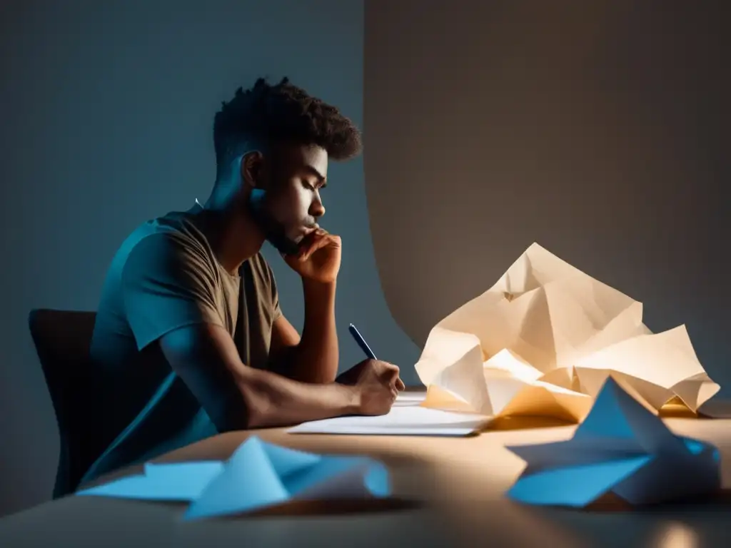 Reflexión y crecimiento en la escritura Persona reflexionando en escritorio, rodeada de papeles arrugados