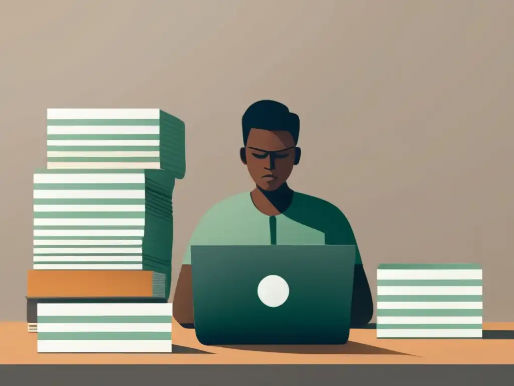 Persona analizando feedback en escritorio Persona en escritorio rodeada de papeles y laptop, con expresión reflexiva