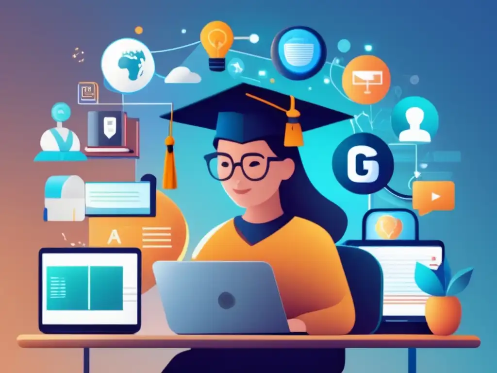 Estudiante inmerso en educación online Persona en escritorio rodeada de plataformas virtuales para exámenes de admisión -