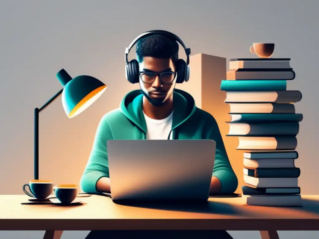 Estudio y trabajo en un escritorio Persona estudiando y trabajando en un escritorio rodeado de libros, una computadora y café - Pasos para solicitar préstamo estudiantil