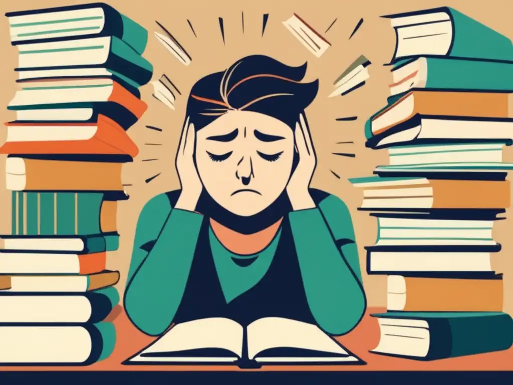 Estudiante estresado por exámenes Persona estresada en escritorio rodeada de libros, indicando presión en pruebas de admisión