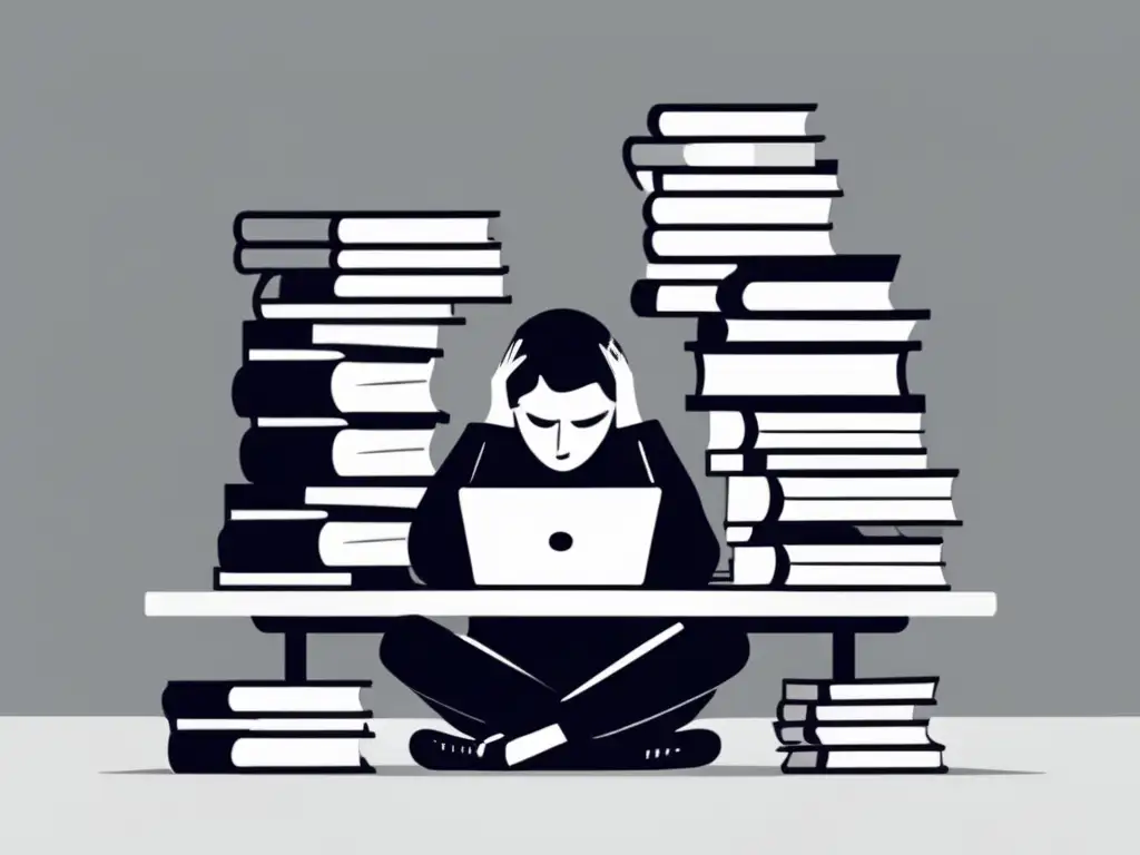 Estudiante estresado rodeado de tareas Persona estresada rodeada de papeles y libros en un escritorio - Procrastinación en admisiones universitarias