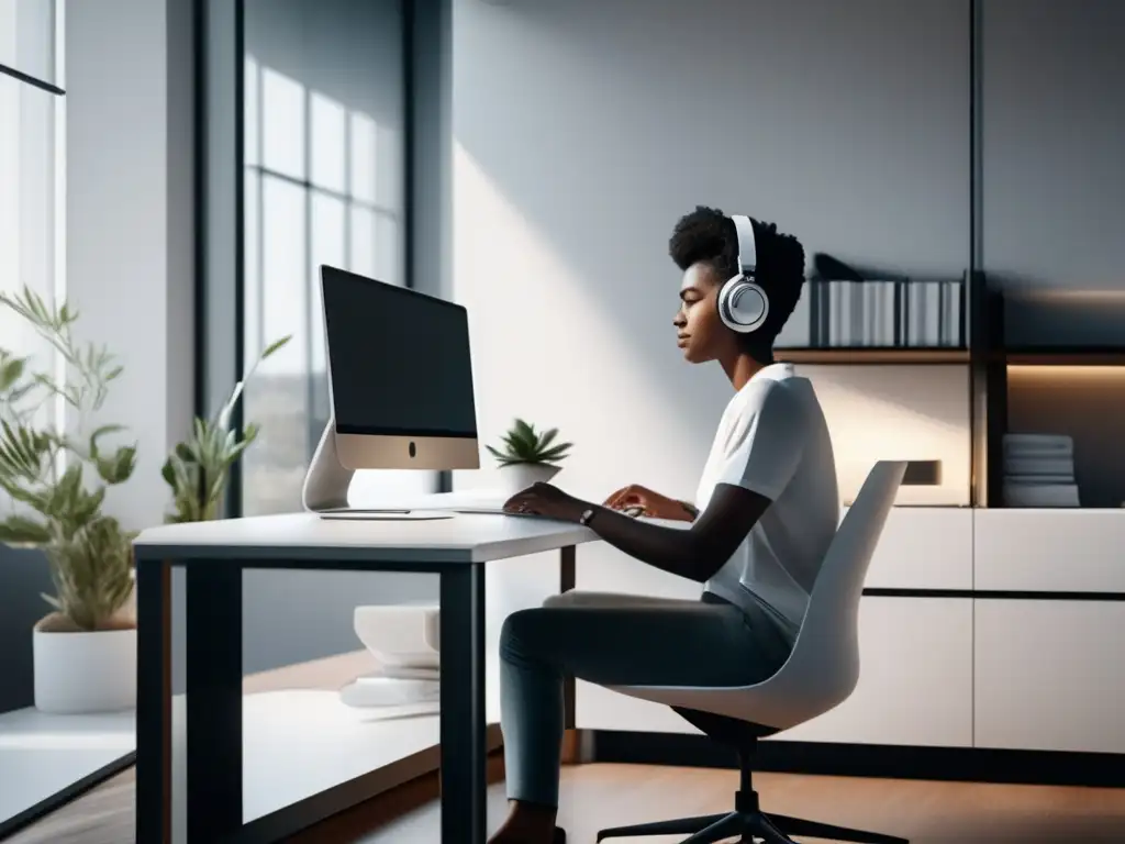 Estudiante concentrado en estudio moderno Persona en estudio minimalista con laptop y vista panorámica universitaria (Recursos para aprender inglés académico)