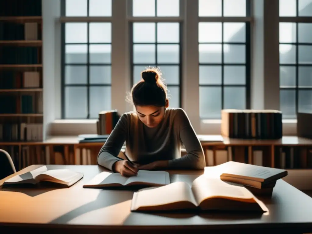 Estudio minimalista: Estrés y ansiedad Persona en estudio moderno, rodeada de libros y notas, reflejando estrés y ansiedad en preparación de exámenes