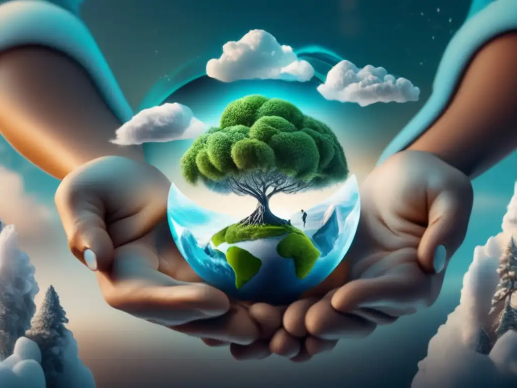 Ultradetalle de persona en globo, cambio climático, conservación ambiental Persona en globo con sapling, simbolizando cambio climático y preservación ambiental