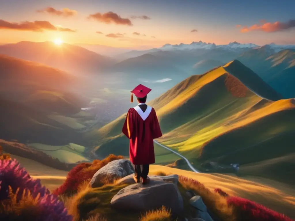 Logro universitario en la cima de la montaña Persona graduada superando obstáculos, admisiones universitarias