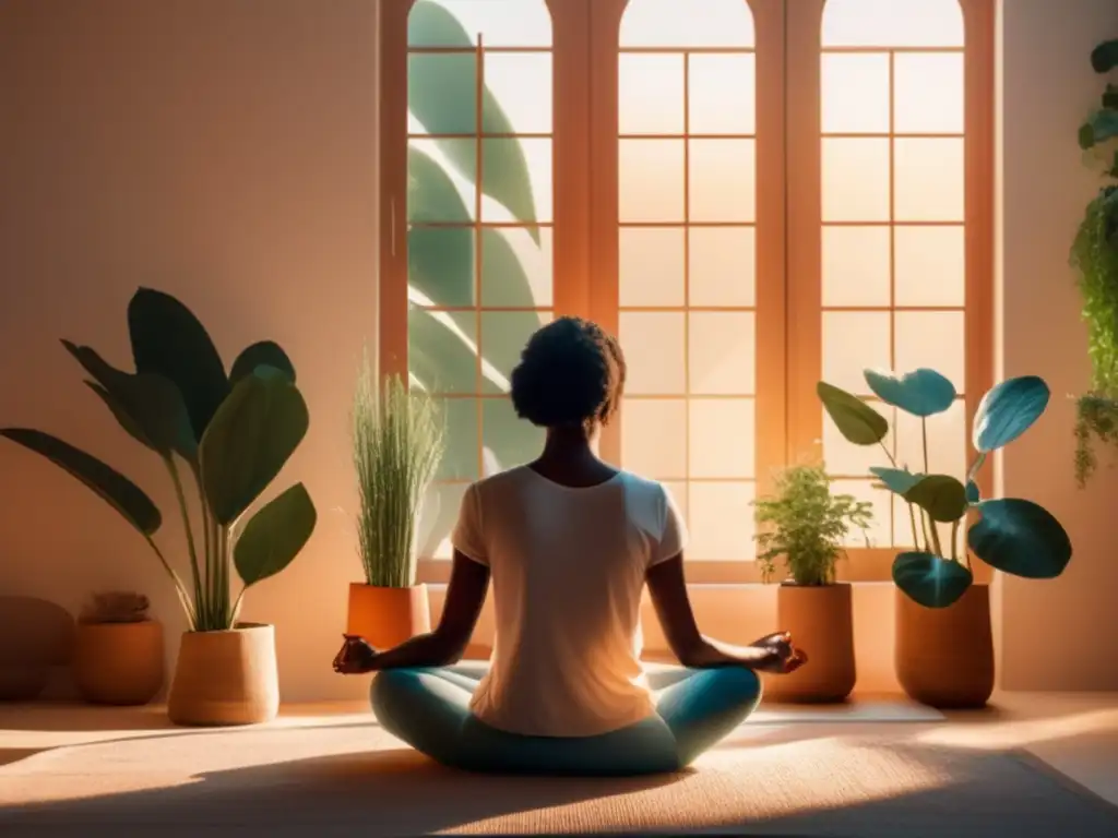 Persona meditando en habitación luminosa rodeada de plantas Persona en habitación tranquila, meditando rodeada de plantas y colores relajantes